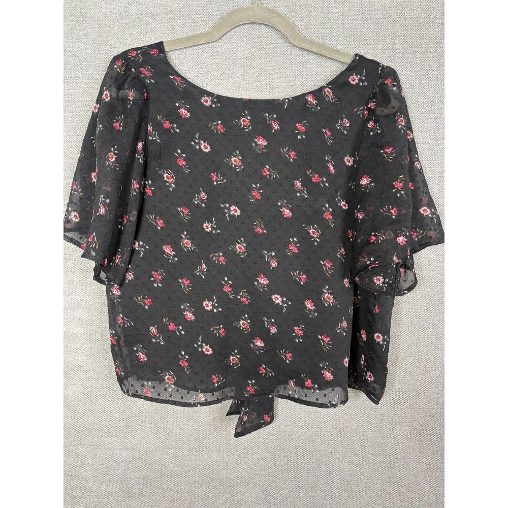 Loft Top Womens M Black Floral Swiss Dot Chiffon Flutter Sleeve Tie Back Blouse